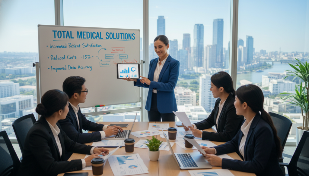 A well-organized healthcare BPO office scene showcasing a diverse team of professionals in business attire, discussing case studies of successful healthcare BPO solutions. In the foreground, a confident woman presenting data on a tablet, while her colleagues attentively analyze documents on a large conference table filled with charts and graphs. The middle ground features a whiteboard filled with key insights and success metrics prominently showcasing "Total Medical Solutions." In the background, a modern office with large windows showing a sunny, clear view of the city skyline. The lighting is bright and warm, creating an atmosphere of collaboration and productivity. The angle is slightly elevated to capture the interaction and energy of the team, emphasizing the theme of success in healthcare BPO. A well-organized healthcare BPO office scene showcasing a diverse team of professionals in business attire, discussing case studies of successful healthcare BPO solutions. In the foreground, a confident woman presenting data on a tablet, while her colleagues attentively analyze documents on a large conference table filled with charts and graphs. The middle ground features a whiteboard filled with key insights and success metrics prominently showcasing "Total Medical Solutions." In the background, a modern office with large windows showing a sunny, clear view of the city skyline. The lighting is bright and warm, creating an atmosphere of collaboration and productivity. The angle is slightly elevated to capture the interaction and energy of the team, emphasizing the theme of success in healthcare BPO.